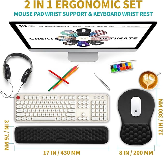Hokafenle 2 in 1 Ergonomic Mouse Pad Wrist Support & Wrist Rest for Computer Keyboard Set, with Relieve Carpal Tunnel Pain Massage Bulge and Full Memory Gel Design (2In1 Set, Black)