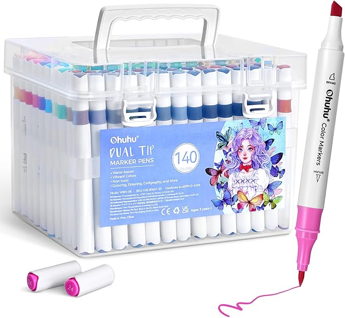 Ohuhu Markers for Adult Coloring Books No bleeding 140 Colors Water-based Coloring Markers Dual Tips Chisel & Brush Drawing Pens Art Markers for Kids Adults Beginners Lettering Journaling