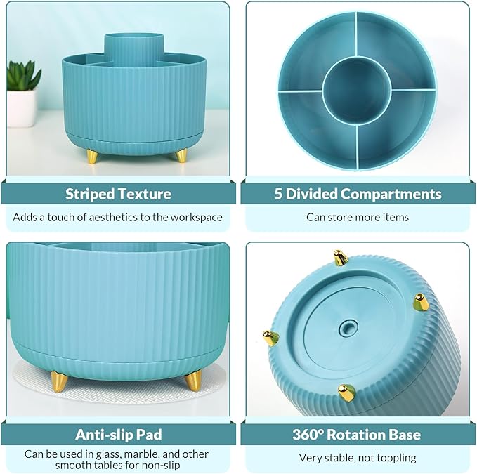 SKYDUE Makeup Organizer, Rotating Pencil Pen Holder for Desk, Dual-Purpose Desktop Organizer for Cosmetics & Pens, Makeup Brush Holder with 5 Slots, Pencil Cup for Office, Home