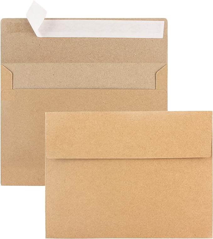 100 Packs A9 Kraft Envelopes, 5-3/4 x 8-3/4 for Invitations, Photos, Postcards, Greeting Cards, Mailings - Printable, Self-Sealing Wedding Envelopes (Brown)