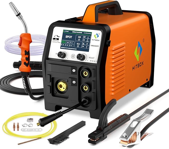 HITBOX Double Pulse Aluminum MIG Welder,All in 1,Gas MIG/Gasless Flux Core MIG/Stick/Lift TIG/Single Pulse/Dual Pulse Aluminum Welding Machine (HIM250DPP-US-D)