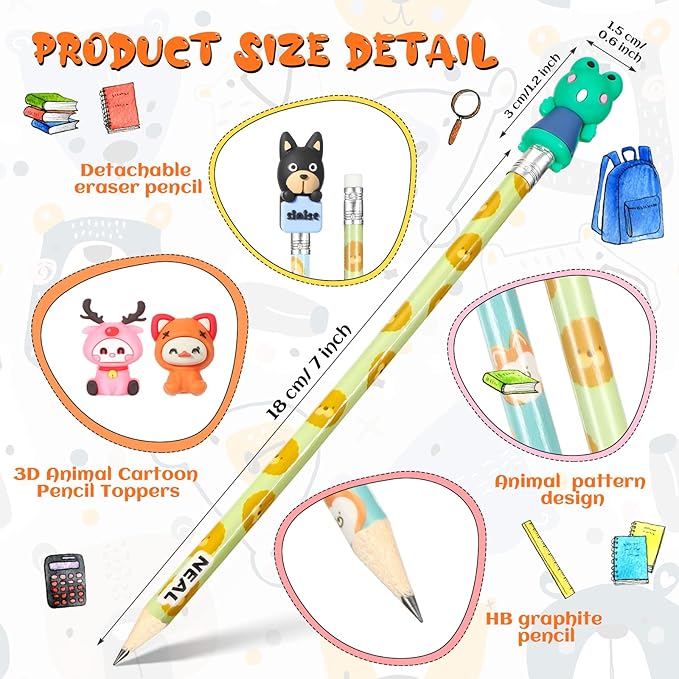 Ireer 60 Pcs Scented Pencils for Kids Animal Fruit Fun Smelly Pencils Bulk HB Graphite with 60 Pcs Cute Cartoon Toppers Gift for School Office Classroom Party Reward Supplies(Cute Style)