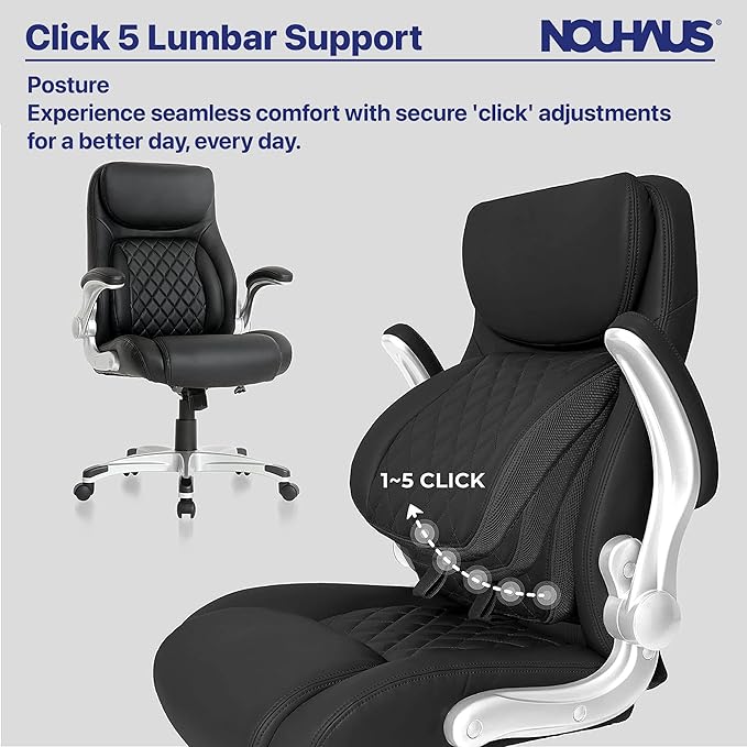 Nouhaus +Posture Ergonomic PU Leather Office Chair. Click5 Lumbar Support with FlipAdjust Armrests. Modern Executive Chair and Computer Desk Chair (Black)