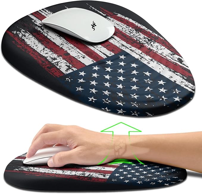 Hokafenle Ergonomic Mouse Pad Wrist Support, Terraced Slope Carpal Tunnel Wrist Pad for Mouse with Unibody Memory Foam, Wrist Rest Pain Relief Mousepad (US Flag, 11.8x7.9 in)