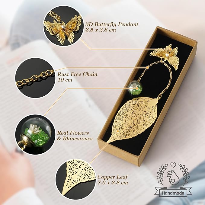Golden Leaf Metal 3D Bookmark with Bonus Handmade Greeting Card, Butterfly & Sunflower Craft Gift Card Envelope, Gift for Book Lovers, Family, Friends, Teacher & Kids Chongzhen