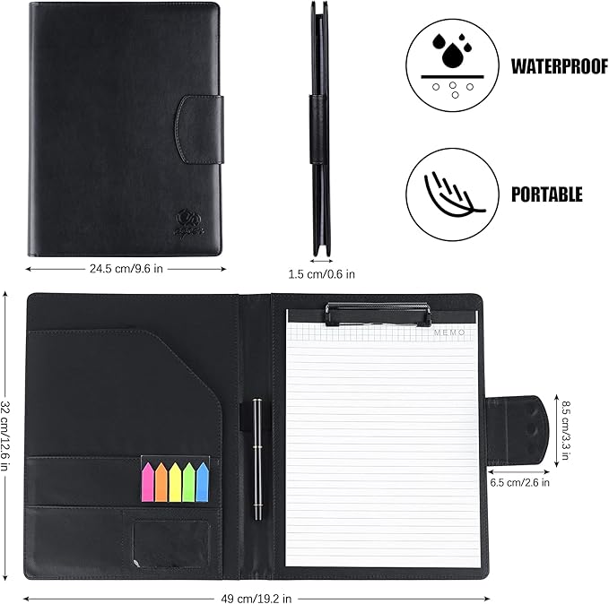 Padfolio Clipboard Folder, Leather Portfolio Organizer Binder with Magnetic Closure Cover for Interview Resume Office Conference, Business Portfolio Included Letter Sized Papers & Sticky Tabs & Pen
