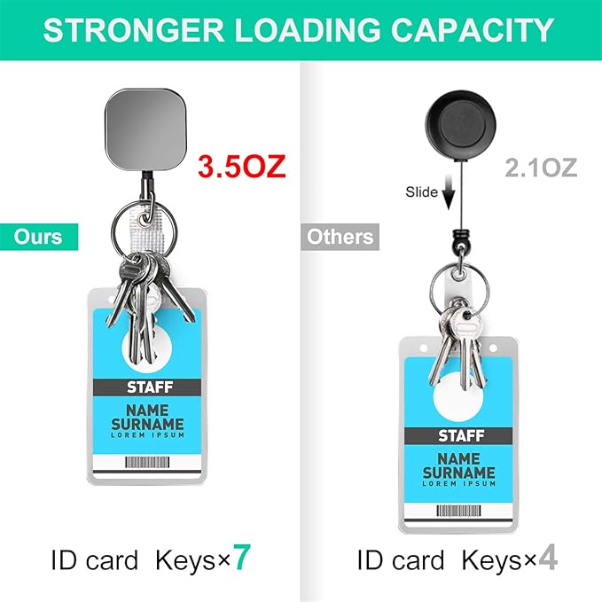 Will Well ID Badge Holder Reel with Clip and Keyring - Heavy-Duty All-Metal Casing with 23.6" UHMWPE Fiber Pull Cord for Easy Access, Holds up to 8 Keys - 2-Pack, Small Square, Glossy Black