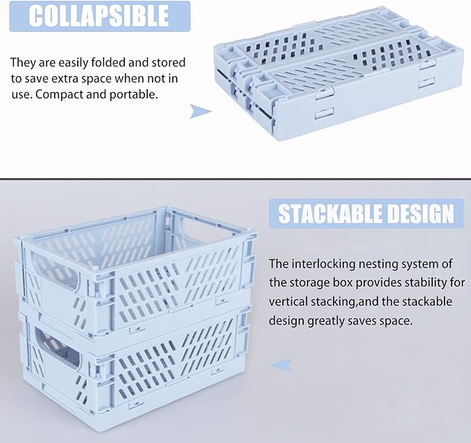 Tixill 2-Pack Mini Foldable Plastic Baskets for Organizing and Storage, Collapsible Storage Crate for Home Kitchen Bedroom Bathroom Office (9.8x6.5x3.8, Blue)