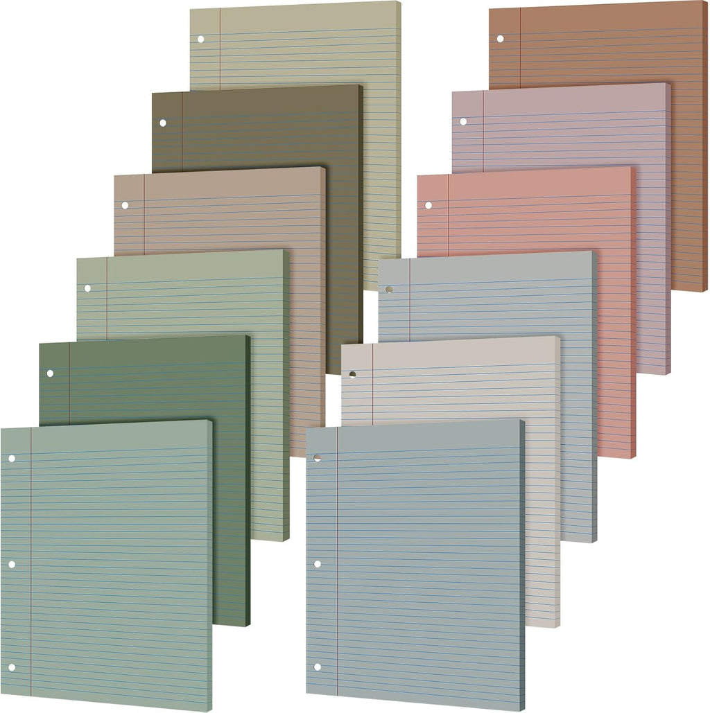 PerKoop 12 Pack 600 Sheets Colored Lined Paper Bulk Wide Ruled 8 x 10.5 Inches, Pastel Loose Leaf Notebook Paper 3 Hole Punched Filler for Back School Classroom Supplies(Morandi Color)