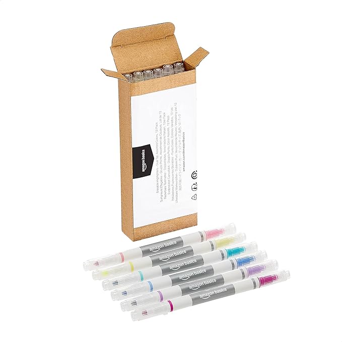 Amazon Basics Erasable Highlighters Assorted Colors, Dual Tip, 12-Pack, Office and School Supplies for Note-Taking