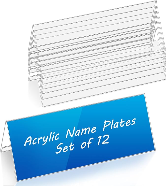 Set of 12 Acrylic Name Plates for Desks 3.15" x 7.87", V-Shape Tent Name Plate Display Clear Name Tent Holders for Office, School Classroom, Home, Conference, Meeting Rooms
