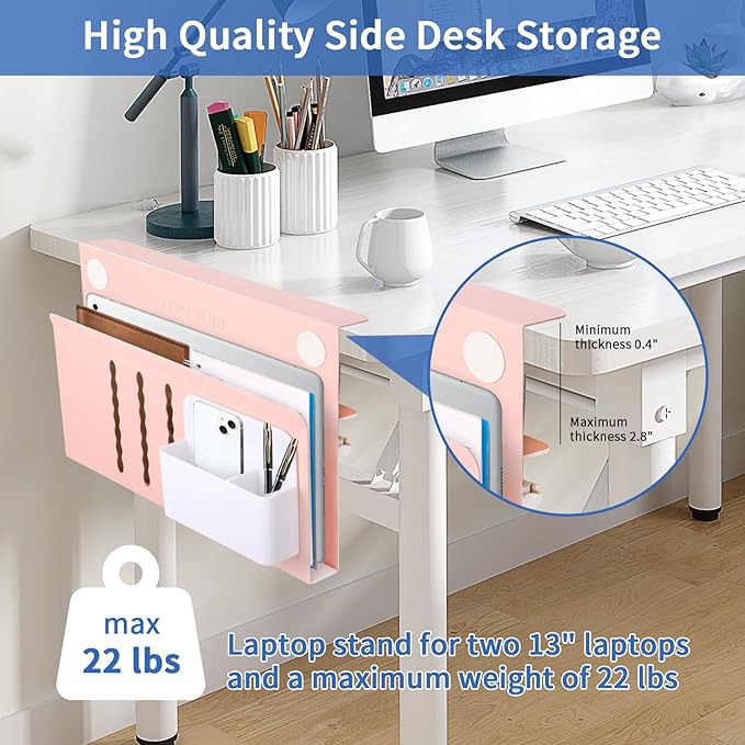LUKETURE Desk Side Storage, Steel Side Desk Organizer, No Drill Laptop Holder, Clamp on Laptop Mount with Pen Holder, Table Hanging Storage for Home Office, Fits Flat Edge Tables 0.3" to 2.8"