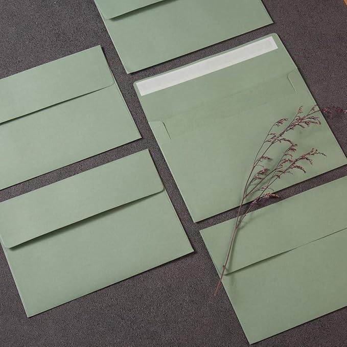 Wishop 50 Pack Self-Adhesive Envelopes with Fold Cards for Wedding Invitations, Greeting Cards, Baby Shower, Letter Mailing (Sage-Green, 4x6)