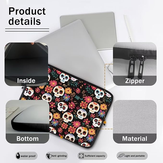 Skull Printed Computer Carrying Cover with Floral Print Laptop Case Bag Easy to Carry Computer Bag, 13 Inch Lightweight Laptop Briefcase Messenger Bag for Women