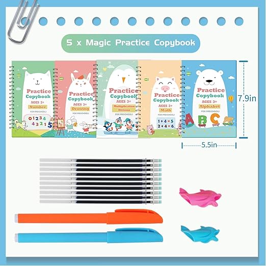 QMUBOT Magic Practice Copybook for Kids, Handwriting Practice Workbook, Reusable Writing Practice Book for Preschool Kids Age 3-8, Calligraphy 7.9in×5.5in (5 Books with Pens)