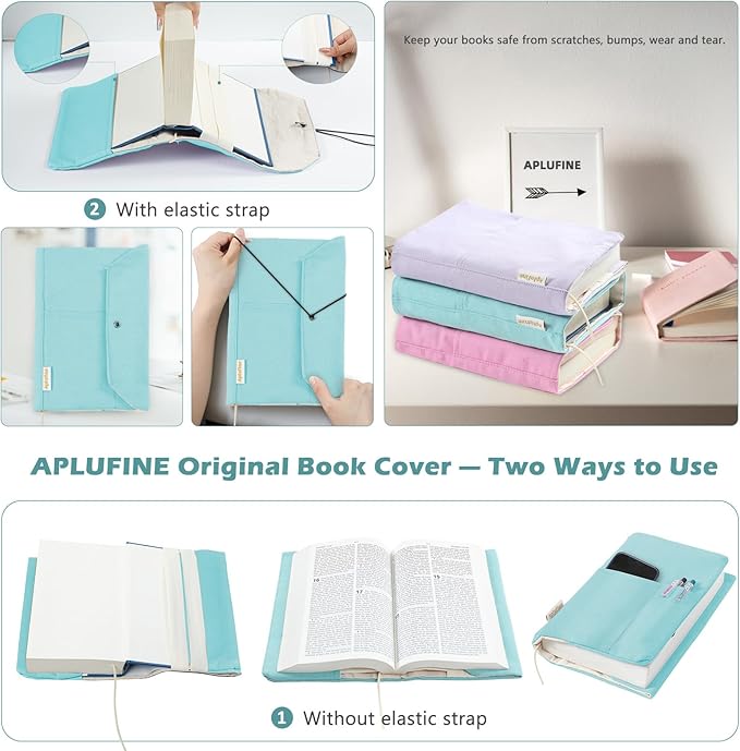 Canvas Book Covers, Washable Book Protector, Book Cover for Paperback Novels, Adjustable Book Cover for Hardcover with Pockets for Pen, Soft Cover Books, Book Lovers Gifts