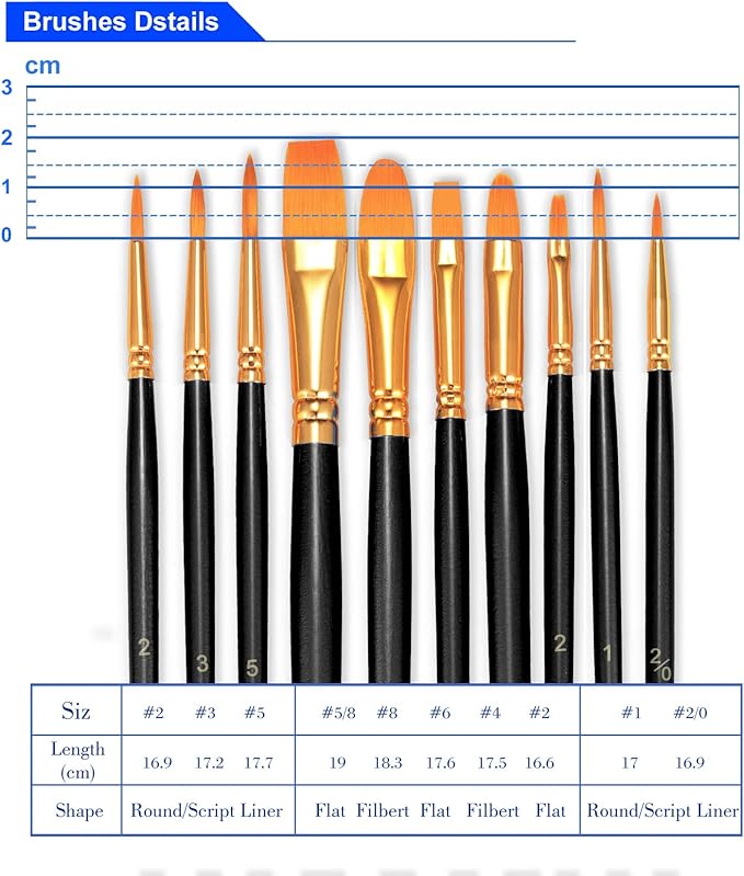 BOSOBO Paint Brushes Set, 10 Pieces Round Pointed Tip Paintbrushes Nylon Hair Artist Acrylic Paint Brushes for Acrylic Oil Watercolor, Face Nail Body Art, Miniature Detailing & Rock Painting, Black