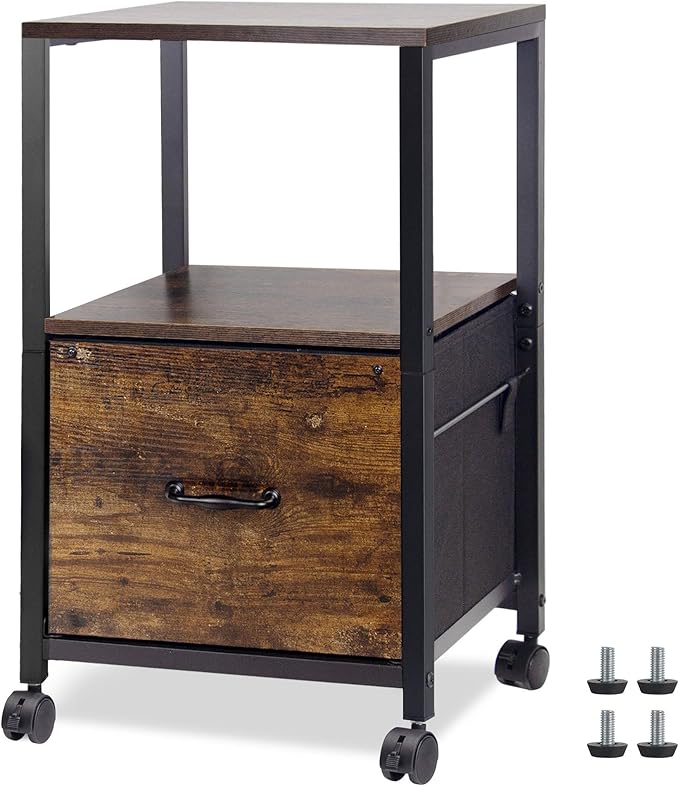 2 Tier Metal Mobile Under Desk Home Printer Stand with Storage Drawer Small File Cabinet for Home Office with Wheels Printer Tables for Small Spaces, Rustic Brown