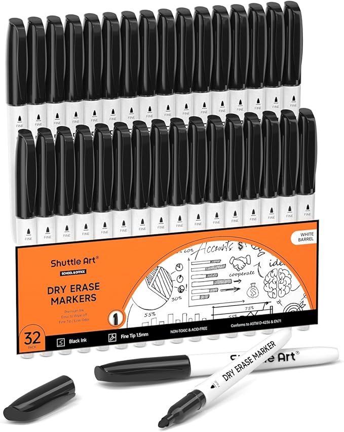 Shuttle Art Dry Erase Markers, 32 Pack Black Whiteboard Markers,Fine Tip Dry Erase Markers for Kids,Perfect for Writing on Whiteboards, Dry-Erase Boards,Mirror,Calender,School Office Supplies