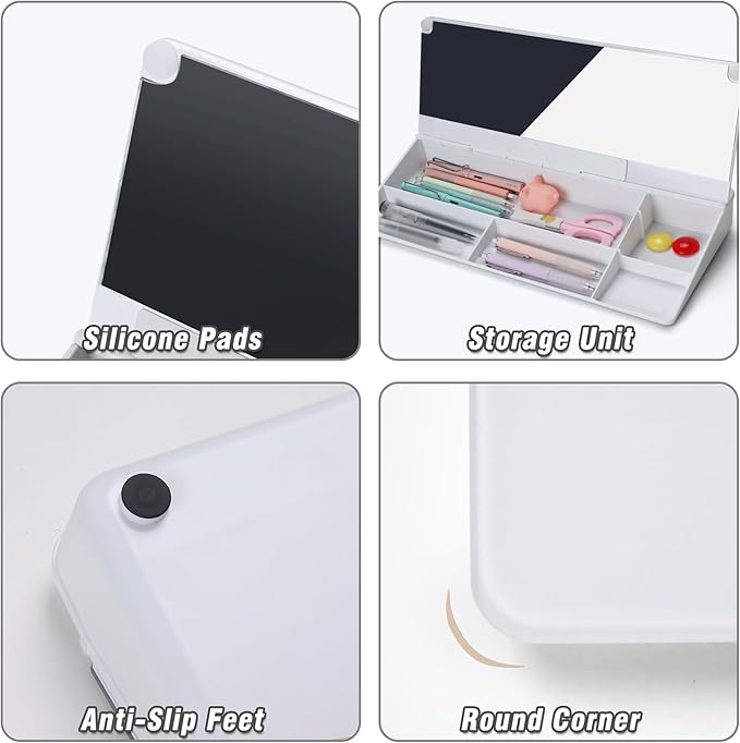 SELEAD Desktop Glass Whiteboard with Organizer & Built-in Mirror, Small Dry Erase White Board Computer Pad Keyboard Stand for Home, School, Office Desk Accessories - White