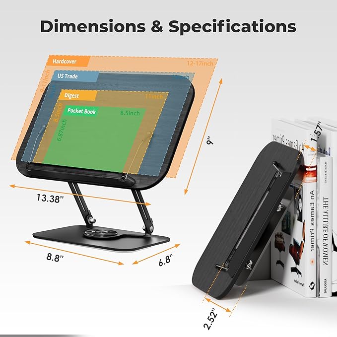 Book Stand for Reading, Adjustable Book Holder with 360° Rotating Bases, Foldable Designs, and Elastic Clips, Multifunctional Display Stand for Recipe, Cookbooks, Magazines, Tablets (Black)