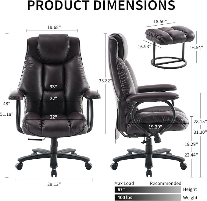 Office Chair Big and Tall, High Back Home Office Chair 400 lbs, Executive Chair, Desk Chair, Ergonomic Office Chair with Padded Armrest, Swivel Computer Chair PU Leather (Dark Brown)