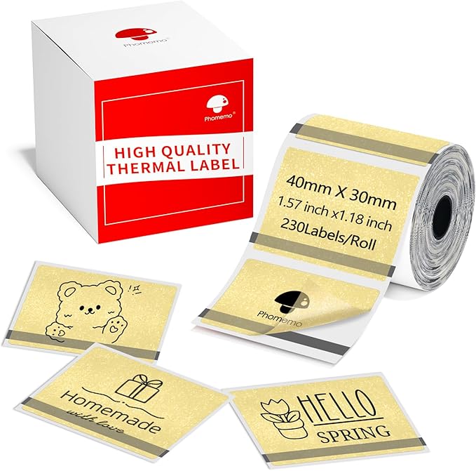 Phomemo Transparent Thermal Labels for M110/M120/M220/M150/M250/M221 Label Maker, Self-Adhesive Thermal Label 1.57"x1.18"(40x30mm),230 Labels/Roll, for Barcode,Address, Name, Golden