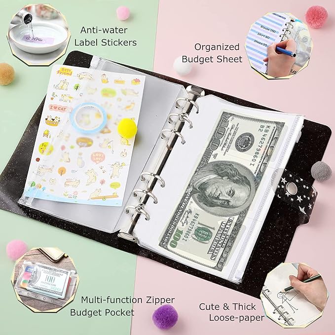 35 Pieces A6 Binder PVC Cover with 10 Clear Binder Pockets, Waterproof 6-Ring Budget Binder Envelopes System Budget Planner Organizer, Budget Sheets & Card Bags & Papers & Label for Cash Envelopes