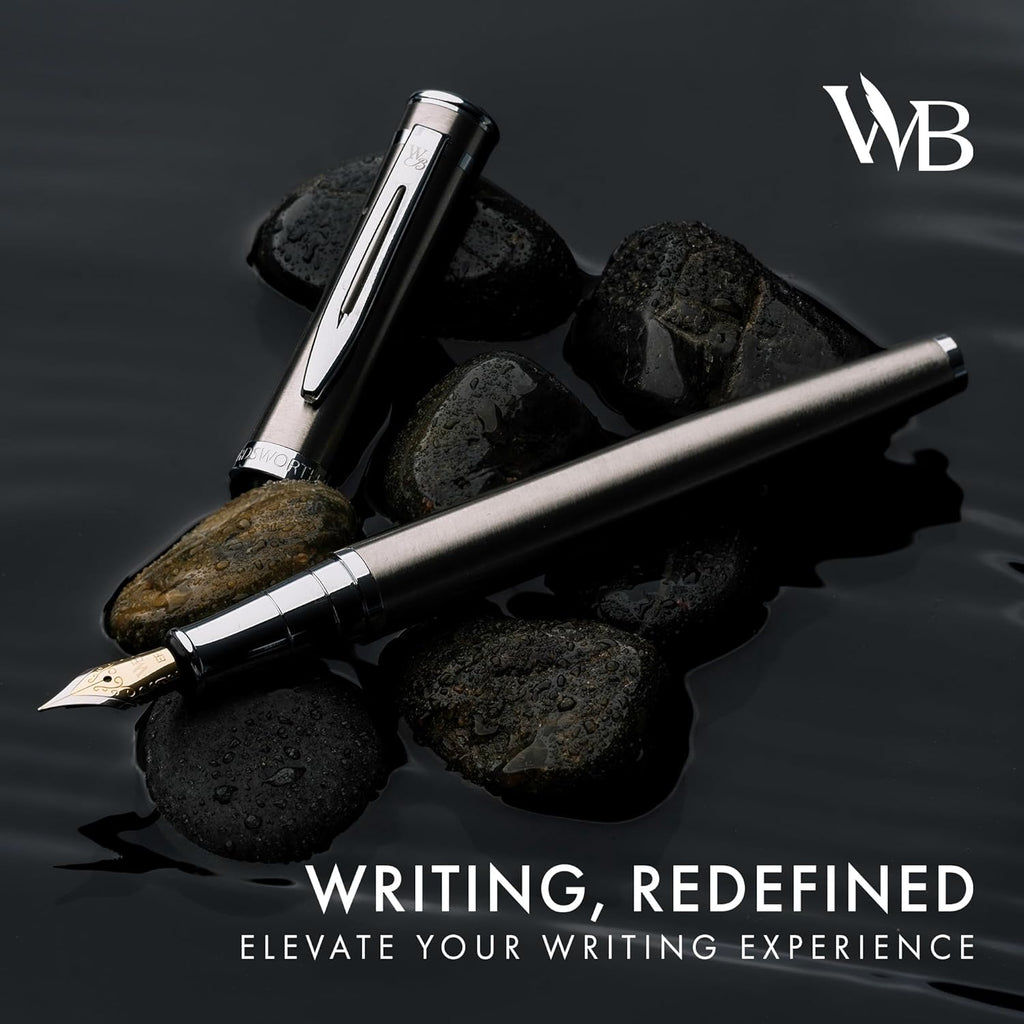 Wordsworth & Black Fountain Pen Set, Extra Fine Nib, Includes 24 Pack Ink Cartridges, Ink Refill Converter & Gift Pouch, Chrome Finish, Calligraphy, [Silver Chrome], Perfect for Men & Women