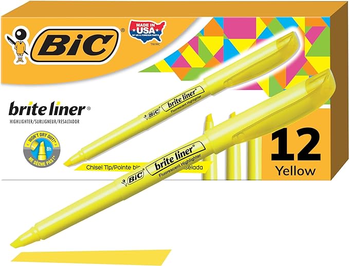 BIC Brite Liner Yellow Highlighters, Chisel Tip, 12-Count Pack of Yellow Highlighters, Ideal Highlighter Set for Organizing and Coloring
