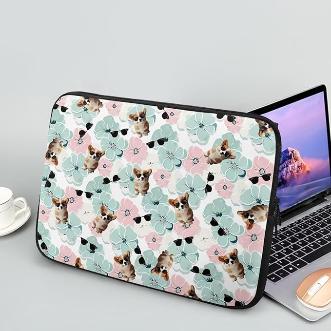 Corgi Dog Printed Computer Bags for Laptops for Women Men, Shockproof 10 Inch Laptop Case Bag Floral Print Messenger Bag with Zipper, Laptop Case Computer Carrying Cover Easy to Carry