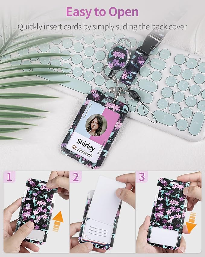Uniclife Floral Sliding Badge Holder Purple Flower Plastic Case with Retractable Badge Reel Carabiner Clip & Detachable Lanyard Strap Fashionable Vertical Card Protector for Women Teacher Student