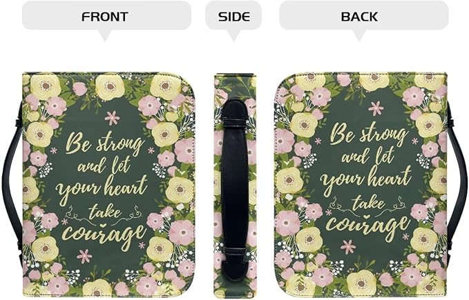 Lotusorchid Floral Bible Book Cover Case with Handle Pocket, Portable Bible Cover Case with Pen Storage, Sturdy PU Bible Tote Bag with Verse for Women Girls, Bible Accessories, Green,2XL