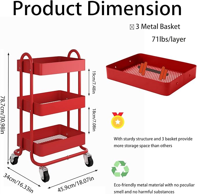 3-Tier Red Utility Rolling Cart,Kitchen Storage Carts with Wheels,Red Metal Rolling Cart for Office,Home,Kitchen,Garden（13.4"x18.1"x31"） Red