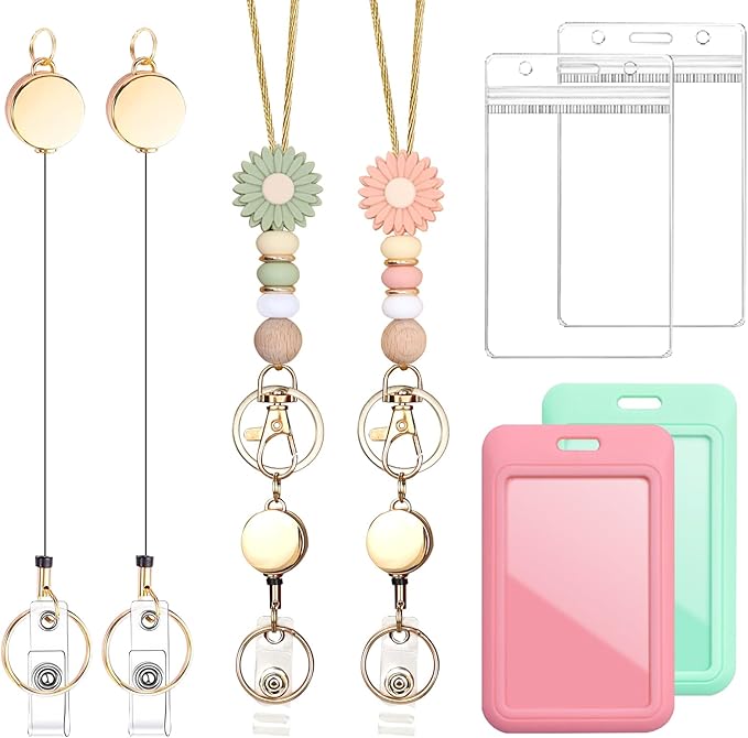 Colorful ID Badge Holder with Silicone Beads Lanyard Set,Cute Teacher Breakaway Lanyard for Keys & Keychain with Cute Retractable Badge Reel Holder,Gift for Women,Nurse, Teacher. (Daisy 3)