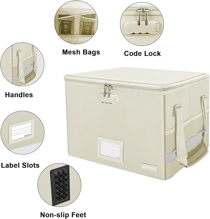 ENGPOW File Box with Lock, Fireproof Document Box with Zipper Lid,Collapsible File Storage Organizer Box Filing Box with Handle,Portable Home Office Safe Box for Hanging Letter/Legal Folder,Beige