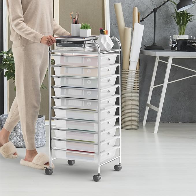 Storage Cart, Rolling Utility Cart with 10 Drawers, Portable Handles & Lockable Wheels, Mobile Paper Toys Storage Organizer Large Capacity for Home Office School Teacher (Clear)