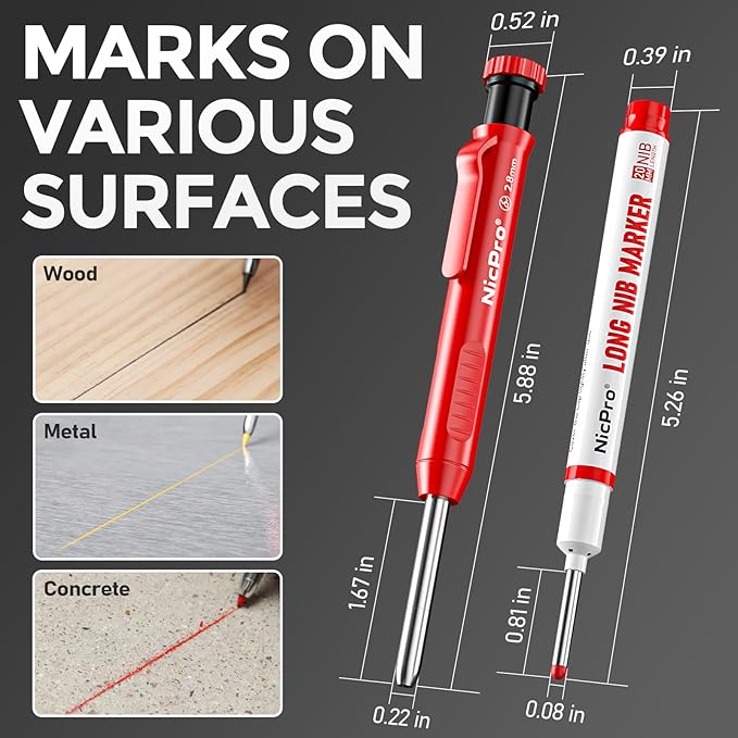 Nicpro 2 Pack CP1000 Carpenter Pencil with Sharpener, Mechanical Carpenter Pencils with 26 Refills, Deep Hole Long Nib Marker Pens for Construction, Heavy Duty Woodworking Pencil for Architect Marking