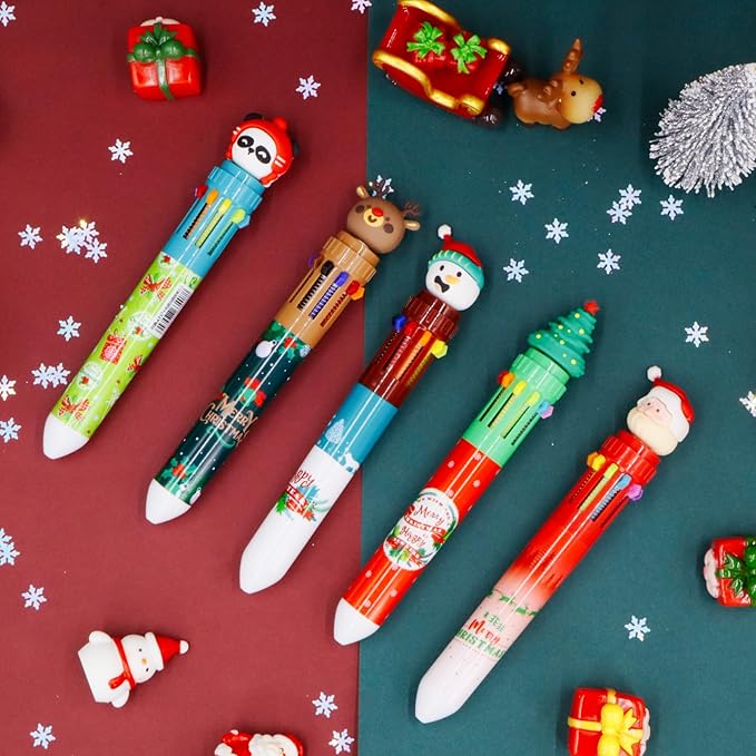 Cute Cartoon Christmas Multicolor Ballpoint Pen 0.7 mm, 10-in-1 Colored Pens Fine Point Retractable Ballpoint Pens for Office School Students Kids Christmas Gift, 5 Pack