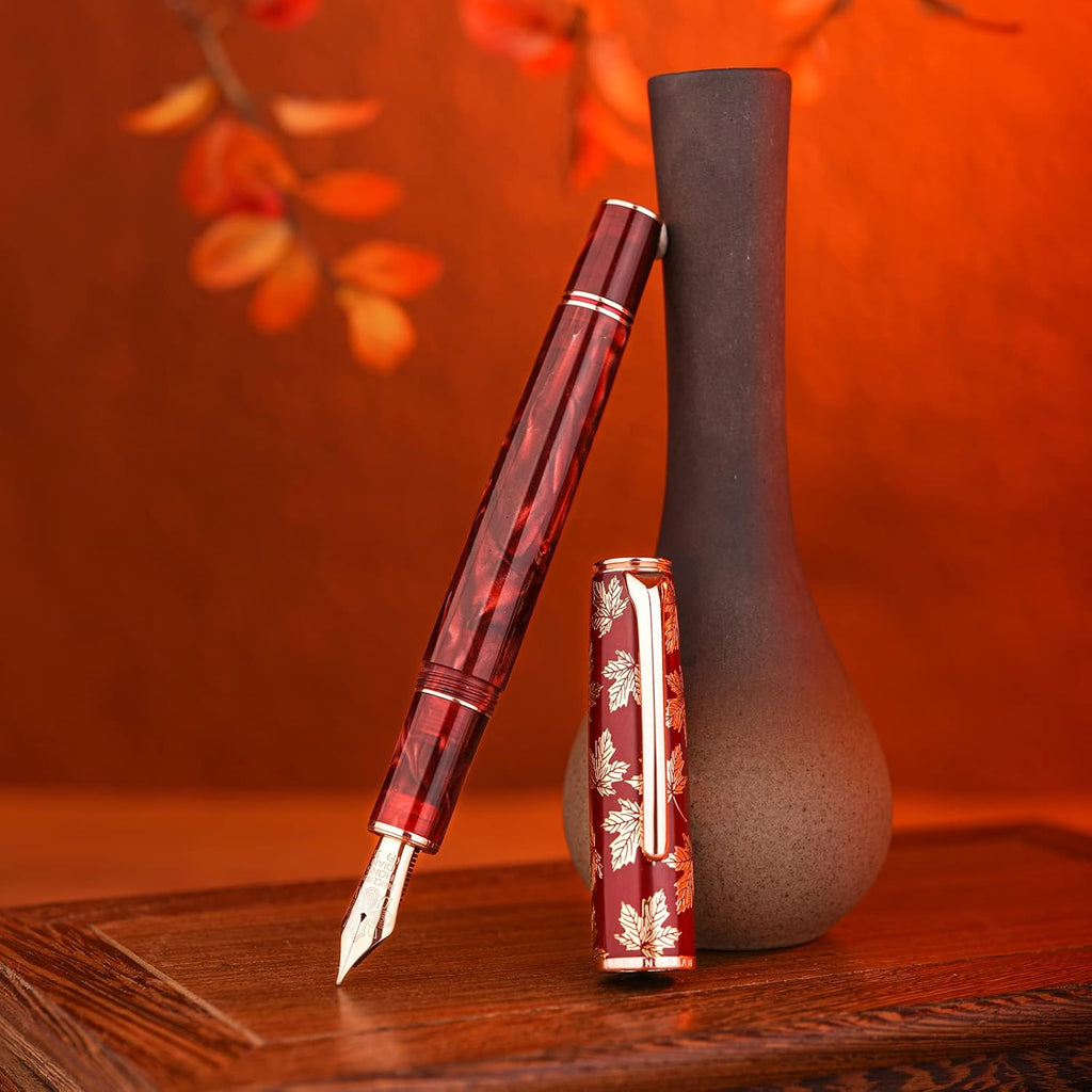 Hongdian N8 Fountan Pen, Iridium Fine Nib, Rose Gold Trim Maple Leaf Carving Cap Red Acrylic Resin, Smooth Writing Pen with Converter and Metal Pen Box Set