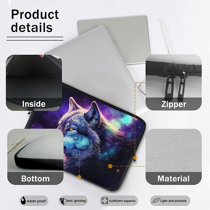 Wolf Printed Laptop Briefcase for Women Men, Waterproof Laptop Case Bag Laptop Case for 10 Inch, Lightweight Computer Carrying Cover with Zipper for Office Business Traveling