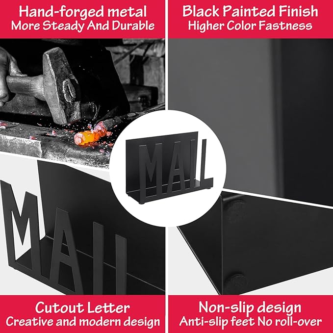 Mail Holder,Mail Organizer Black Metal Letter Sorter Tabletop Mail Cutout Organizer Mail Letter Document Stand with Letter Opener for Desktop Home Office School（2Pcs)
