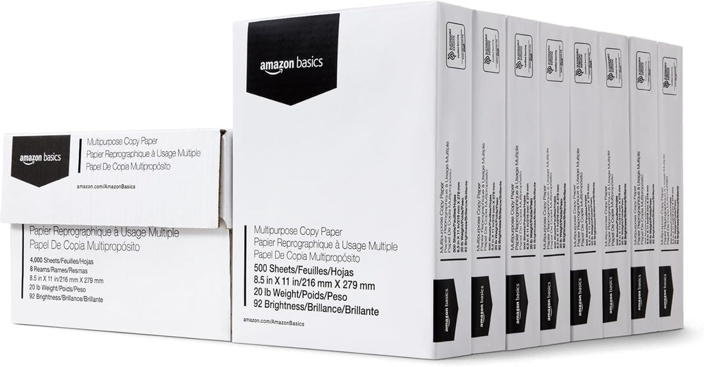 Amazon Basics Multipurpose Copy Printer Paper, 20 lb, 8.5 x 11 Inches, 8 Reams (4,000 Sheets), 92 Bright, White