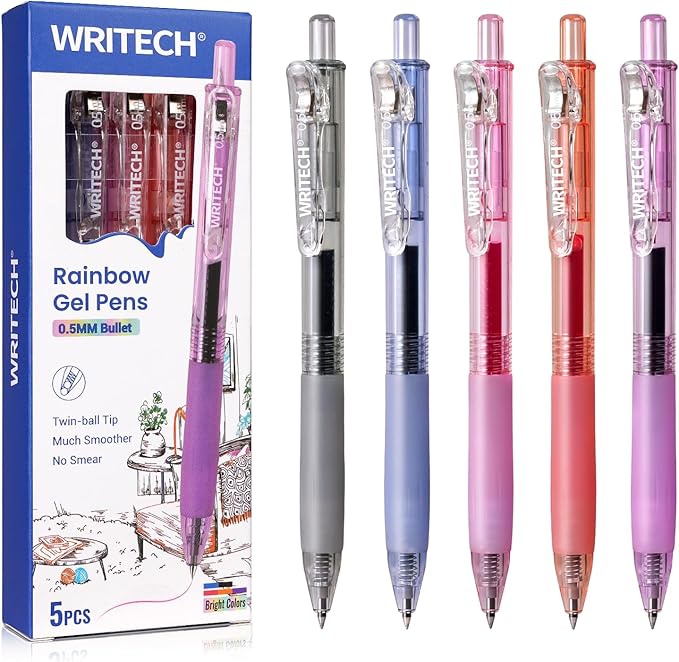 WRITECH Retractable Gel Ink Pens Multi Colored 0.5mm Fine Point Quick Dry Ink Pens For Journaling, Drawing, Doodling, and Notetaking 5ct