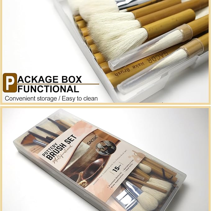 Pottery Brushes for Glazing,15 Pcs Ceramic Brushes Set with Storage Box Wool Bamboon Hake Brushes for Pottery Acrylic Watercolor