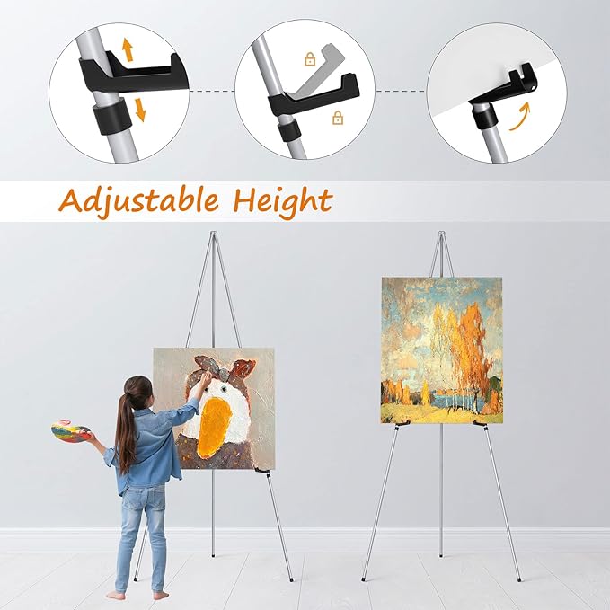 Display Artist Easel Stand - 63" Instant Tripod Collapsible Portable Floor Easel - Easy Folding Adjustable Art Poster Metal Stand for Display Show, Wedding, Painting - Silver