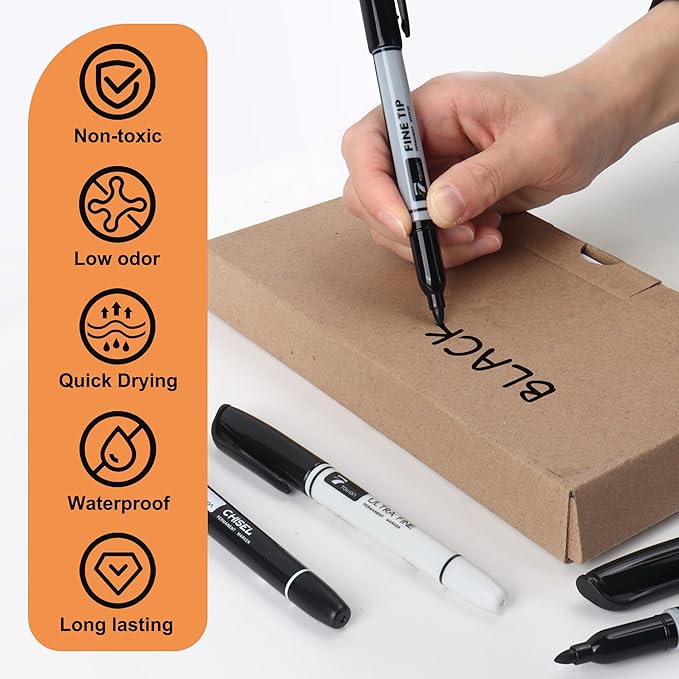 Permanent Markers 12 Black - Waterproof Quick Drying Pens Set 8 Fine Tip, 2 Ultra Fine, 2 Chisel Tip Office Home School Supplies for Adults Writing Doodling Marking