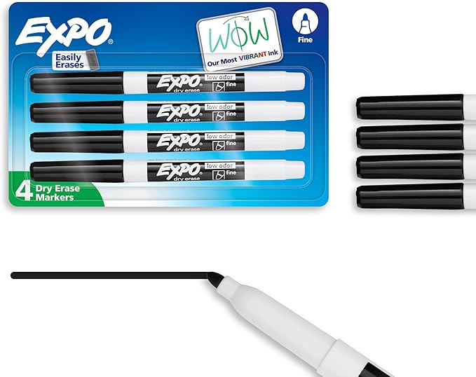 EXPO Low Odor Dry Erase Markers, Fine Tip, Black, 4 Count