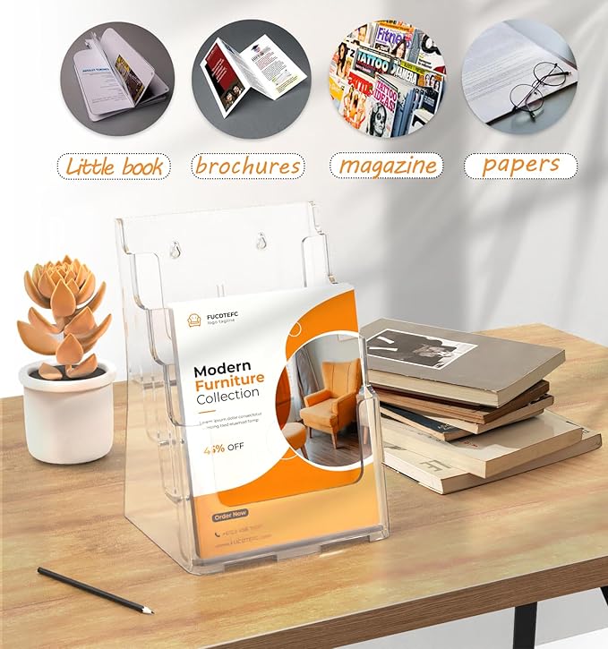 Acrylic Brochure Holder 8.5x11 & 4 x9 Inches, Clear 4 Tier Magazine Holder Brochure Display Stand w Removable Divider, Literature Pamphlet Flyer Holder for Wall Mount or Countertop