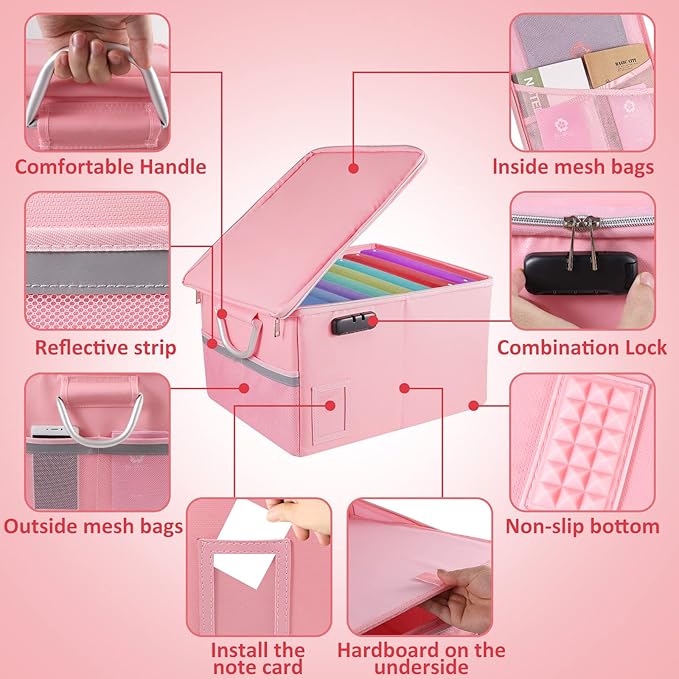 Fireproof Document Box File Organizer Box, Fireproof File Cabinet Box Storage Filing Cabinet Box with Lock, Portable Office Safe Box for Hanging Letter/Legal Folder 16.1 x 12.9 x 11in (Pink)